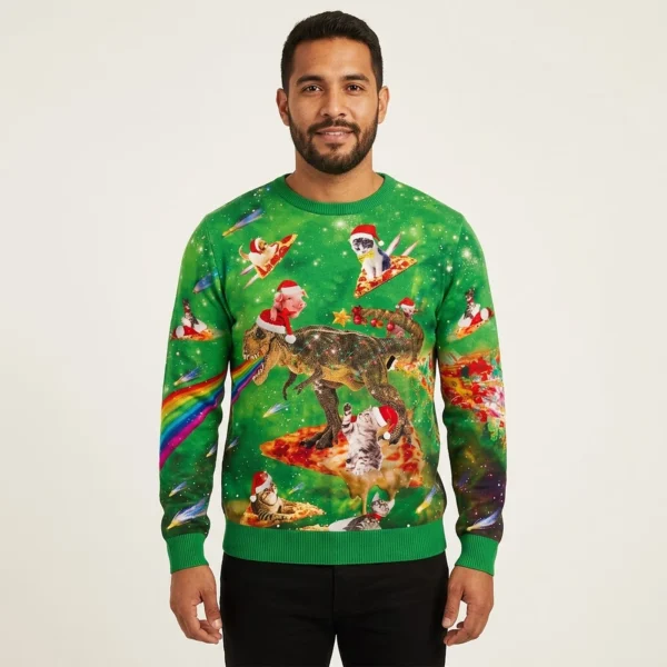 Rainbow Dinosaur Pizza Cat Ugly Christmas Sweater Pretty Holiday Sweaters Gift ForDudes