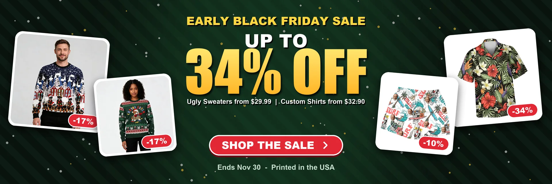 Early Black Friday Sale: up to 34% off ugly Christmas sweaters, custom Hawaiian shirts and beach shorts