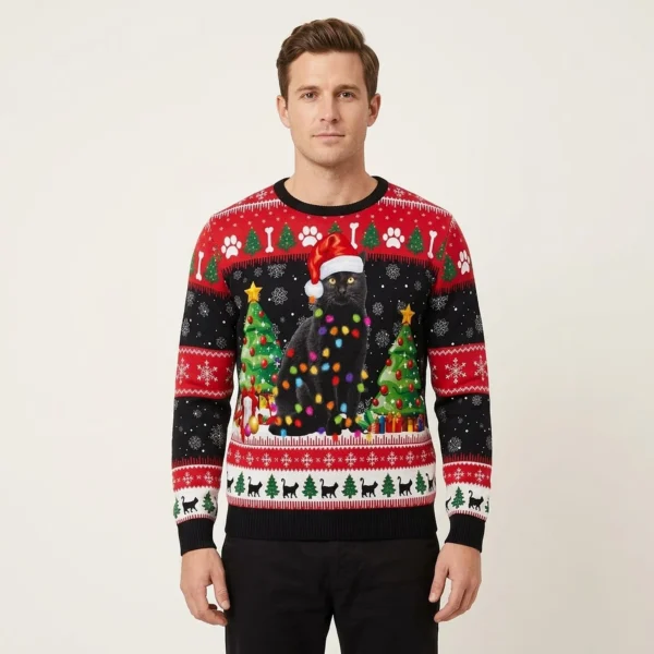 Santa Black Cat Light Ugly Christmas Sweater Funny Christmas Sweater Xmas Gift Ideas