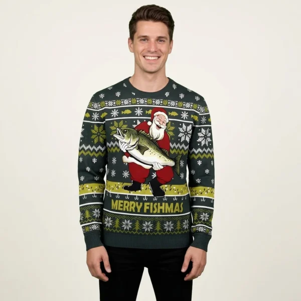 Santa Claus Fishing Christmas Ugly Sweater Xmas Wear Funny Secret Santa Gifts