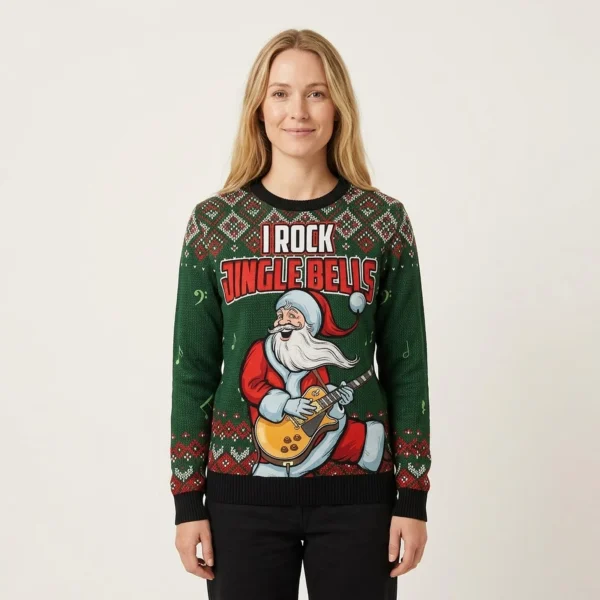Santa Claus I Rock Jingle Bells Ugly Christmas Sweater Funny Xmas Jumper