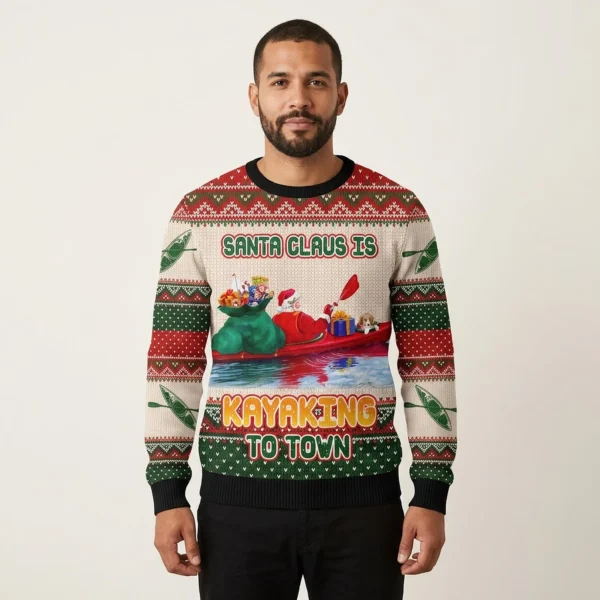Santa Claus Is Kayaking To Town Ugly Christmas Sweater Santa Claus Design Xmas Gift ForHim