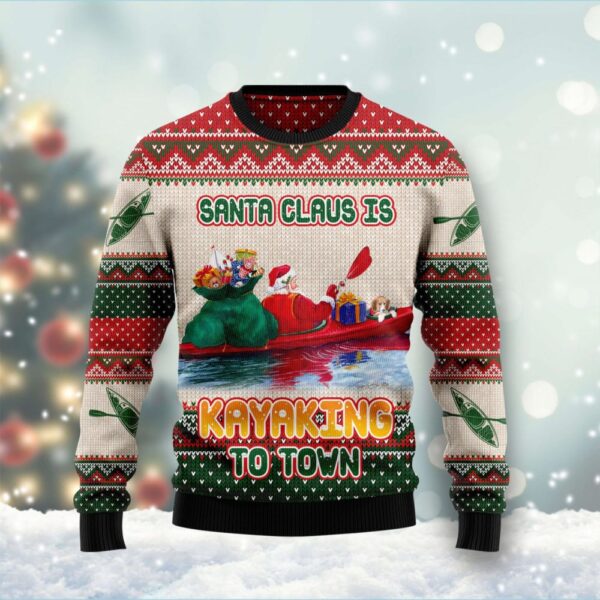 Santa Claus Is Kayaking To Town Ugly Christmas Sweater Santa Claus Design Xmas Gift ForHim