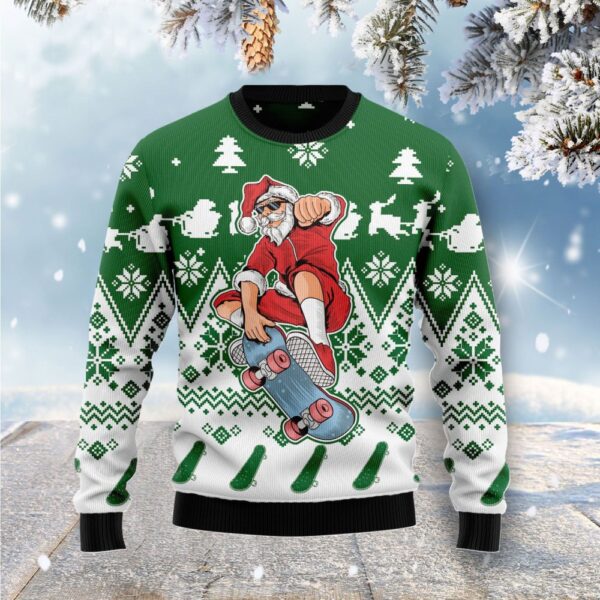 Santa Claus Skateboarding Ugly Christmas Sweater Funny Adult Christmas Sweaters