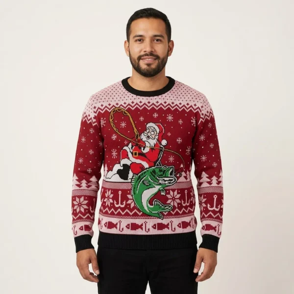 Santa Fishing Ugly Christmas Sweater Funny Christmas Sweater For Men Women Trendy Winter Sweatshirt for Cozy Moments