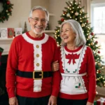 Santa & Mrs. Claus Costume Couple Christmas Sweaters worn at Christmas