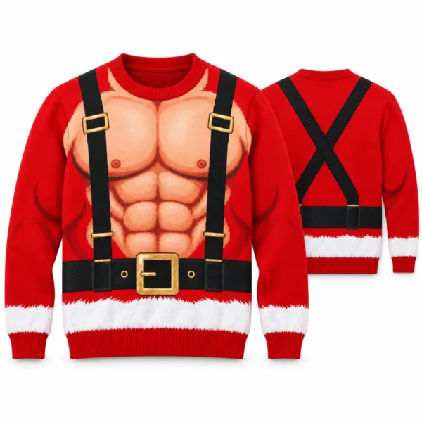 Six Pack Abs Santa Body Illusion Ugly Christmas Sweater for Men front and back