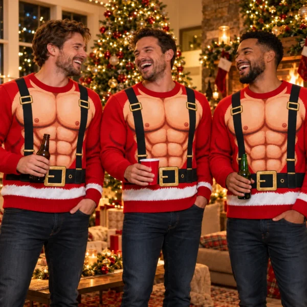Six Pack Abs Santa Body Illusion Ugly Christmas Sweater for Men worn at Christmas