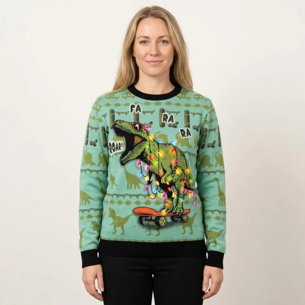 Skateboard Dinosaur Ugly Christmas Sweater