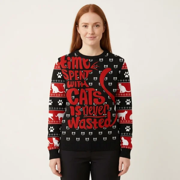 Time With Cat Christmas Ugly Christmas Sweater Animal Themed Cat Lover Holiday Gifts
