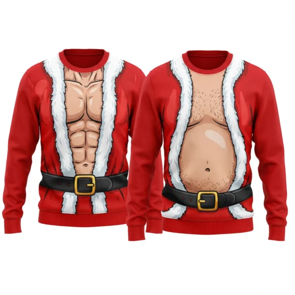 Which Santa Are You? Six Pack Santa & Dad Bod Santa Matching Sweaters front and back