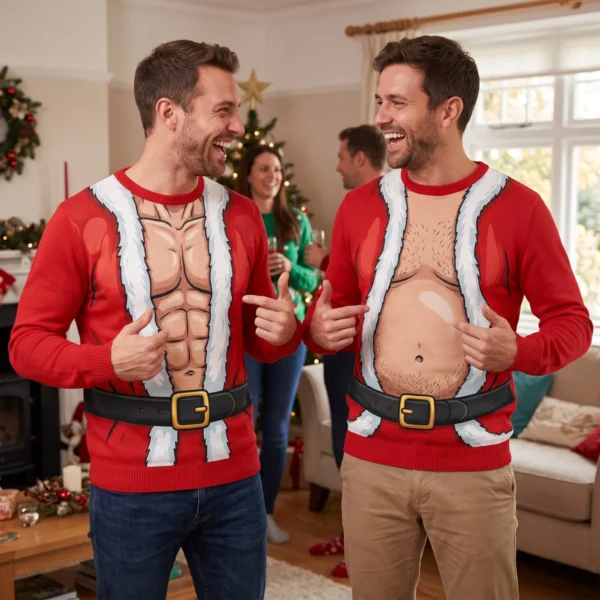 Which Santa Are You? Six Pack Santa & Dad Bod Santa Matching Sweaters worn at a Christmas party