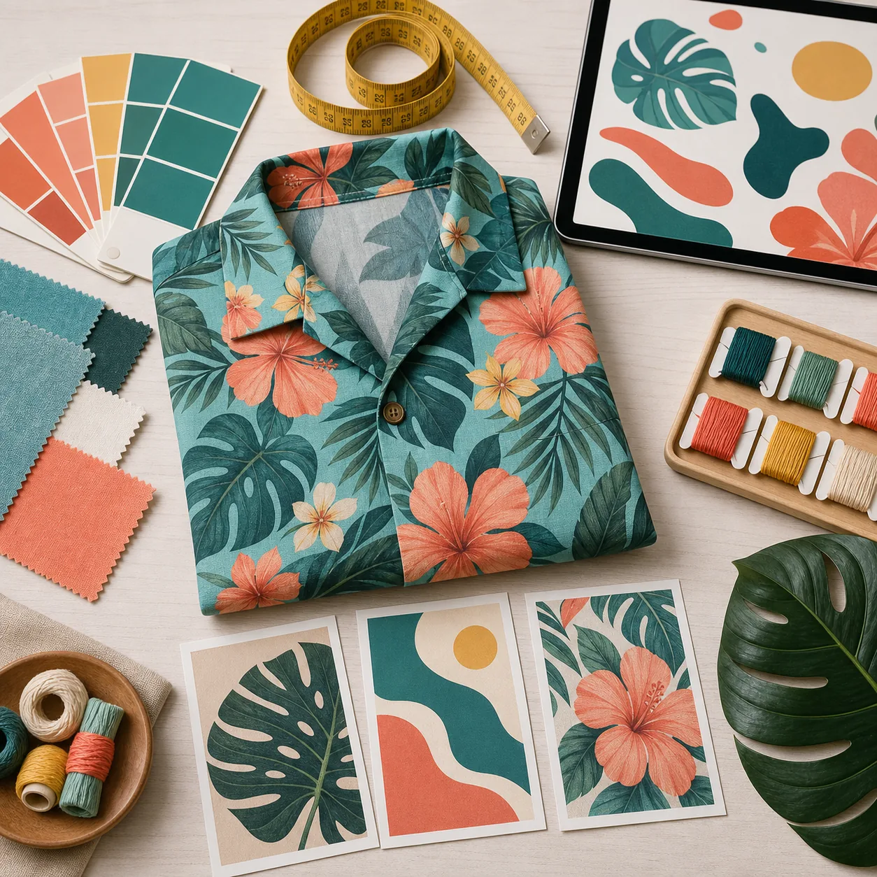 Custom Hawaiian shirt design files with fabric and color swatches
