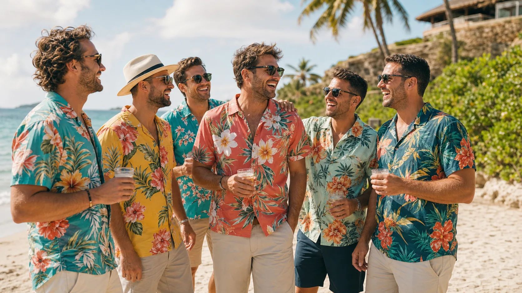 Groomsmen in custom Hawaiian shirts at a beach bachelor party